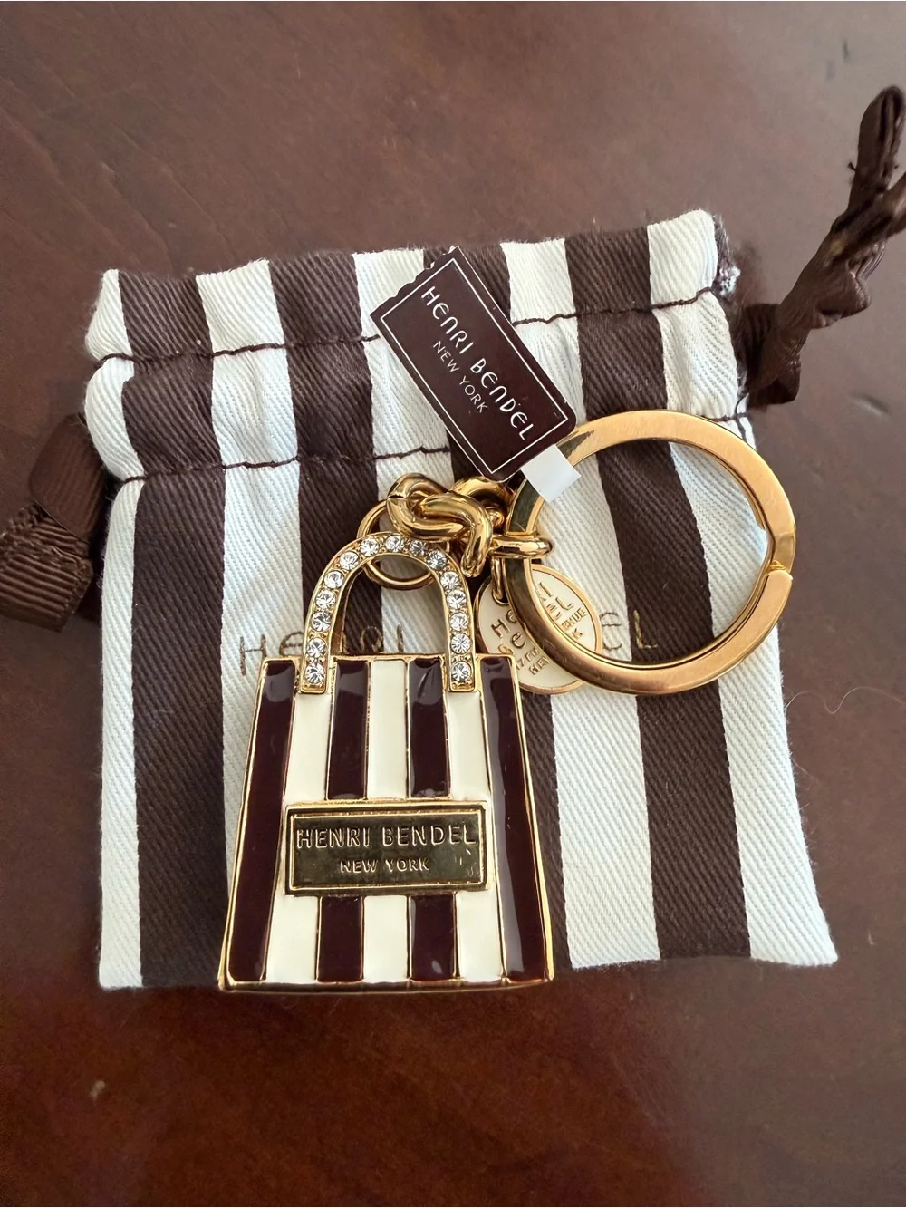 henri bendel Black and White Striped Enamel Bag Charm Keyring with Gold Hardware